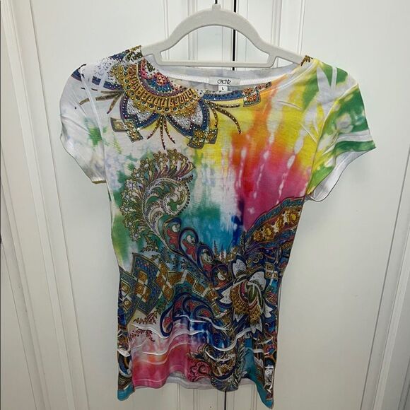 Y2K Cache Vintage Diamanté Studded Floral Paisley Fitted T-shirt - Picture 2 of 9